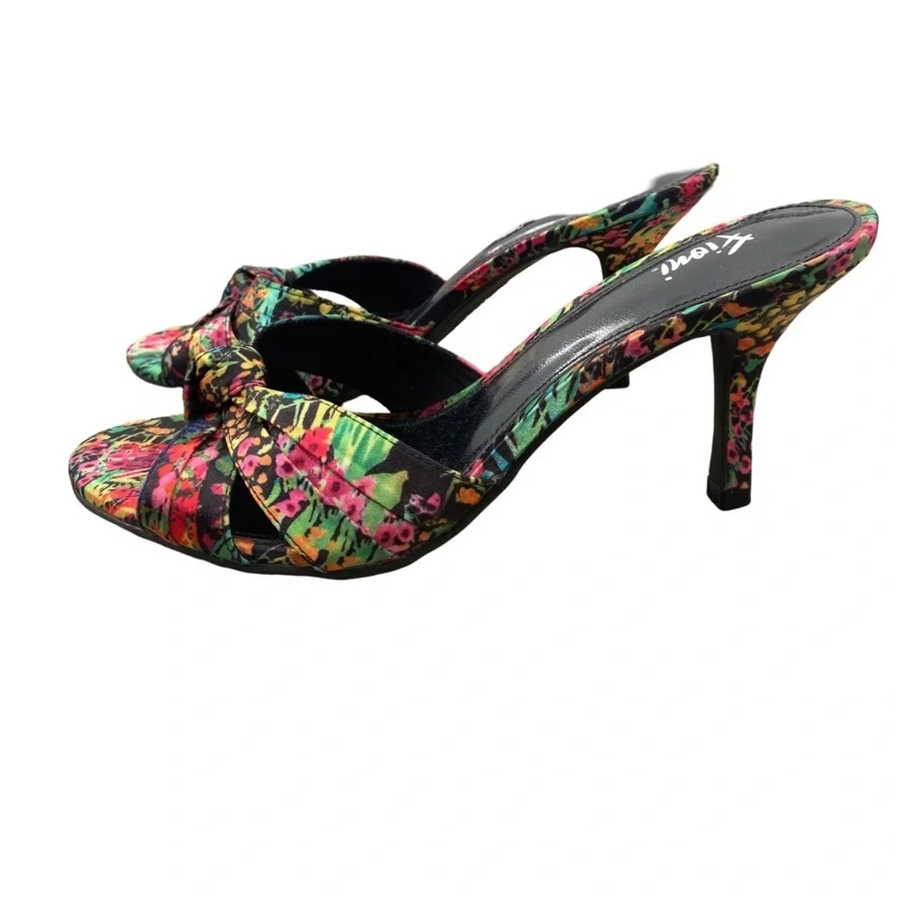 Fioni Tropical Floral Knotted Bow Open Toe Stiletto Heels Size 8 NWOT